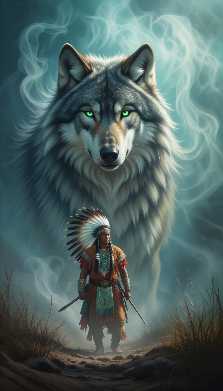 Mystical Shadow Wolf and Chief in Dual Exposure Gouache Styl...