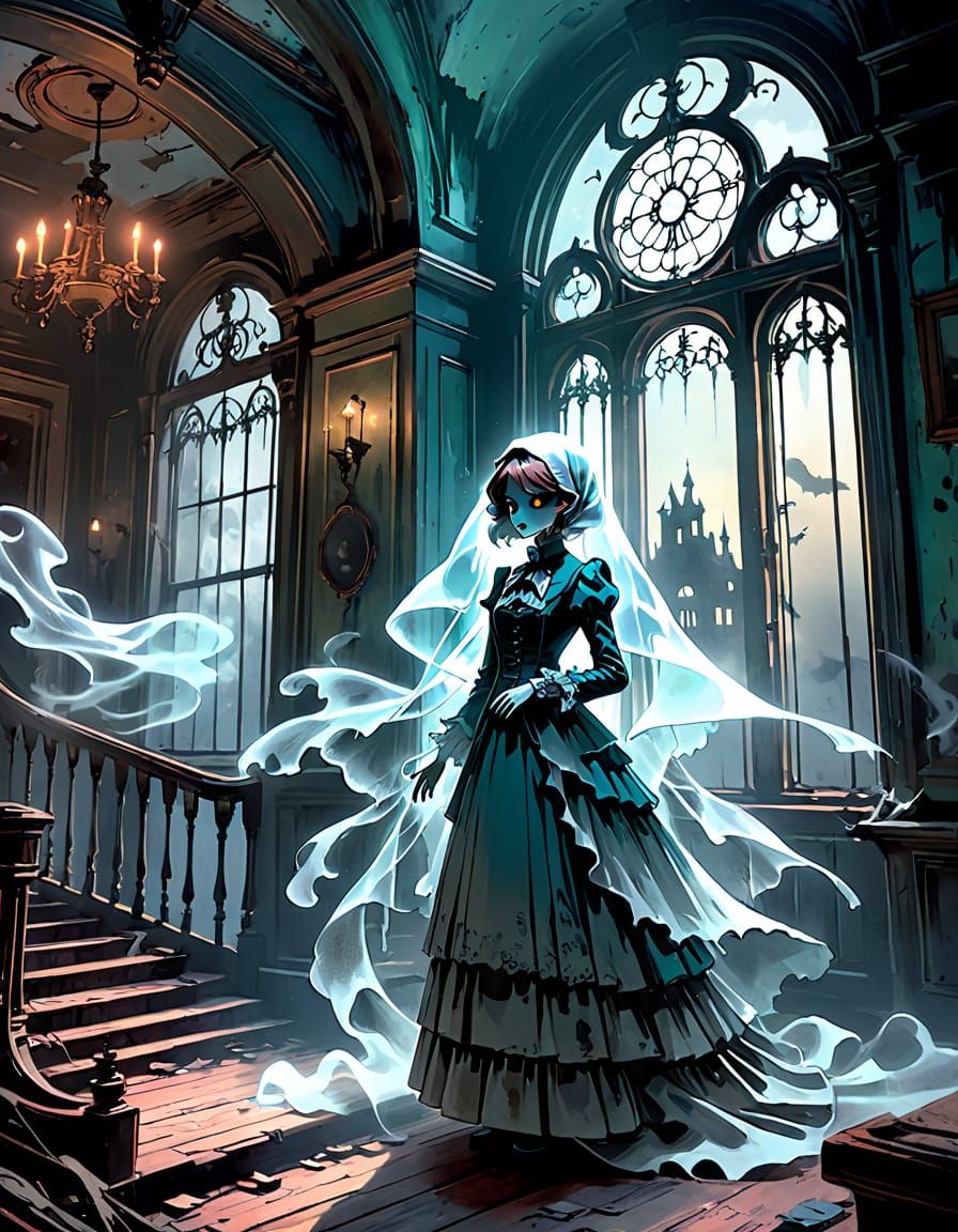 Sad Ghost Lady in Haunted Mansion, Abstract Art