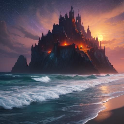 Fantastical Starry Beach Sunset in Deep Color