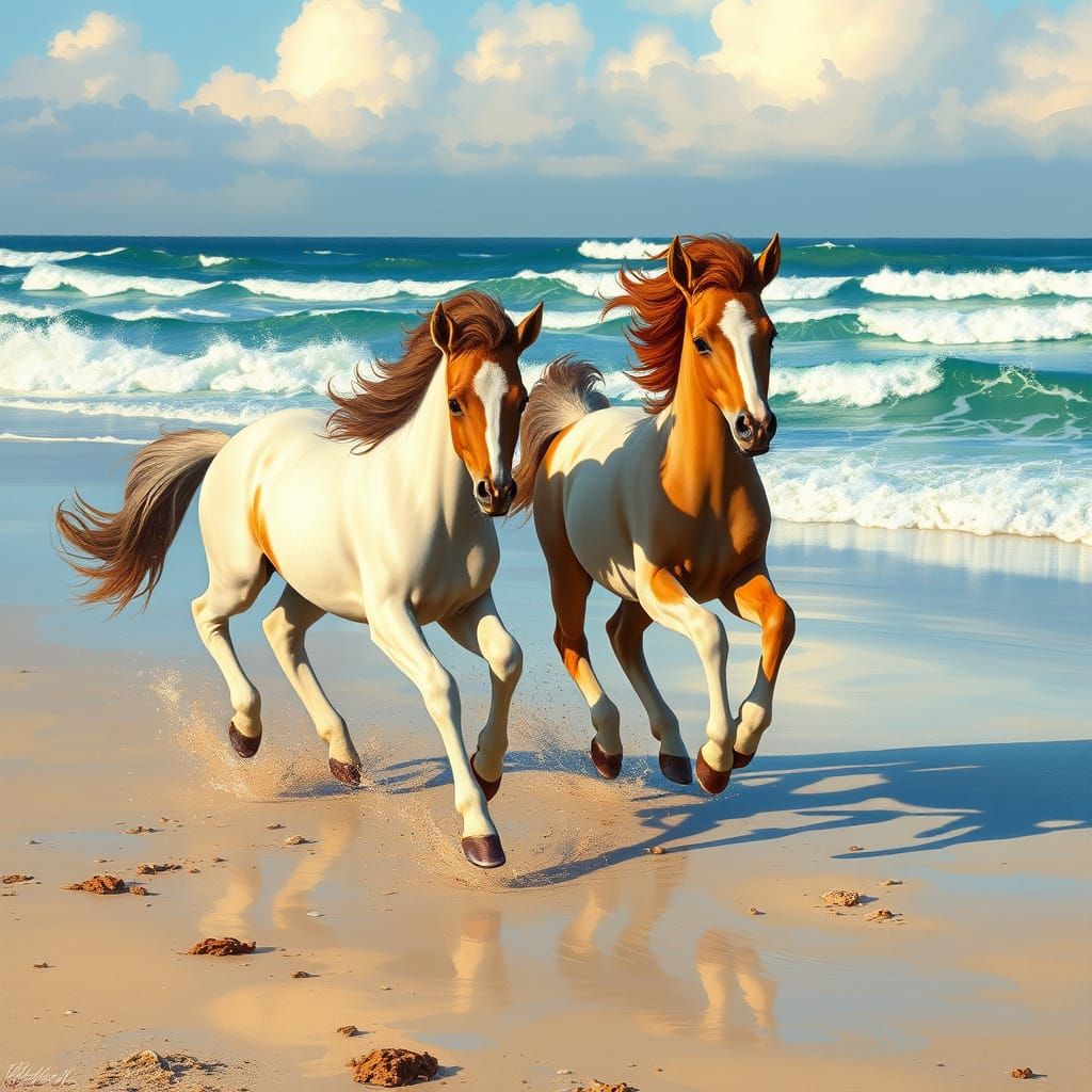 Foals Playing on Beach in Whimsical Style