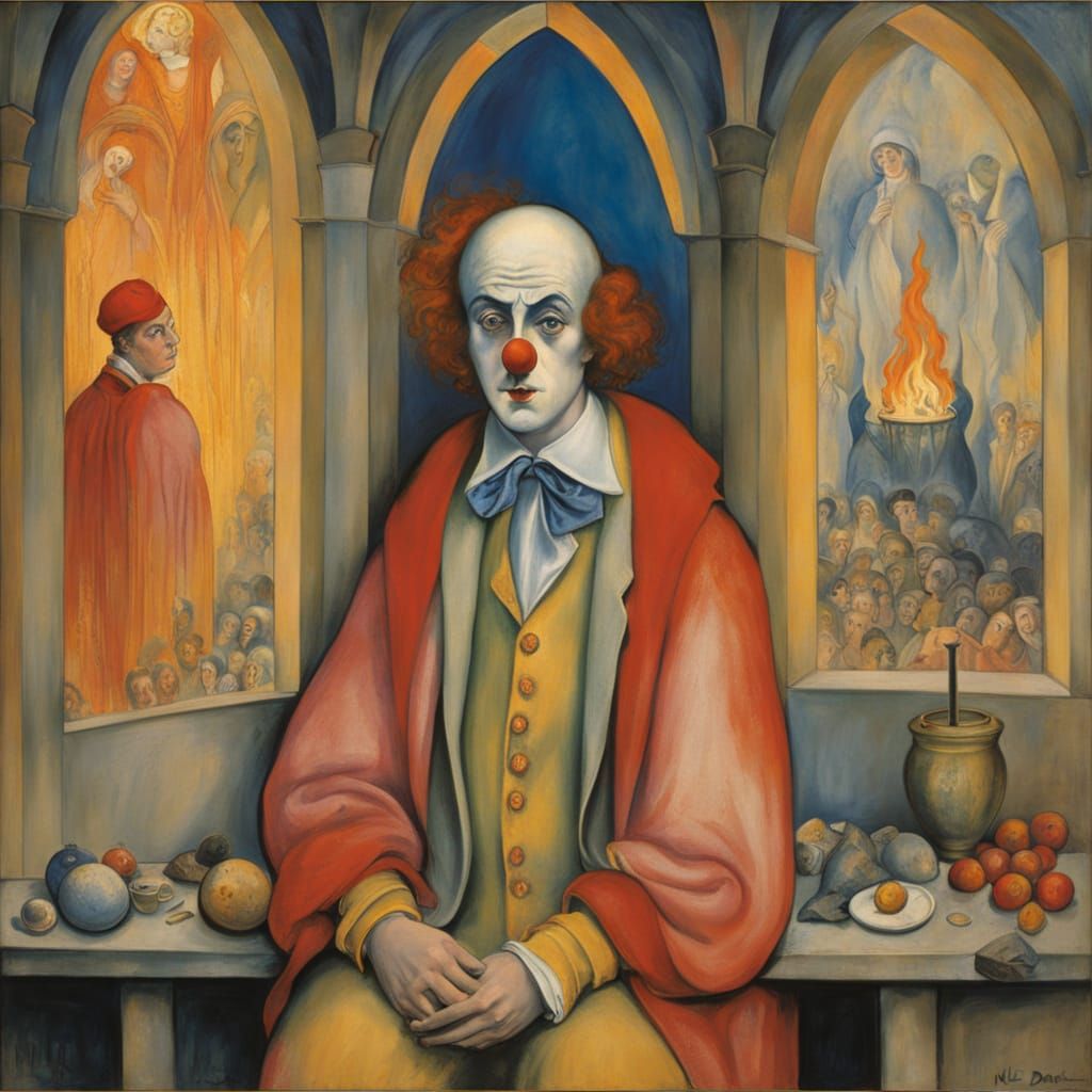 Sorrowful Clown in Burning Cathedral, Post-Impressionist Sty...