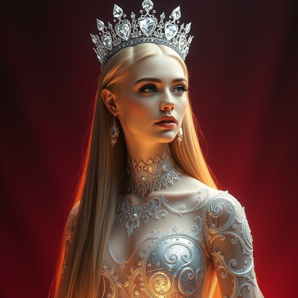 Regal Queen in Dazzling Silver Gown with Diamond Tiara