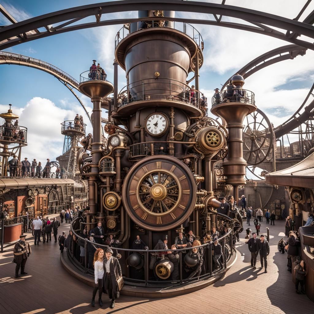 Steampunk Theme Park with Intricate Engine Design