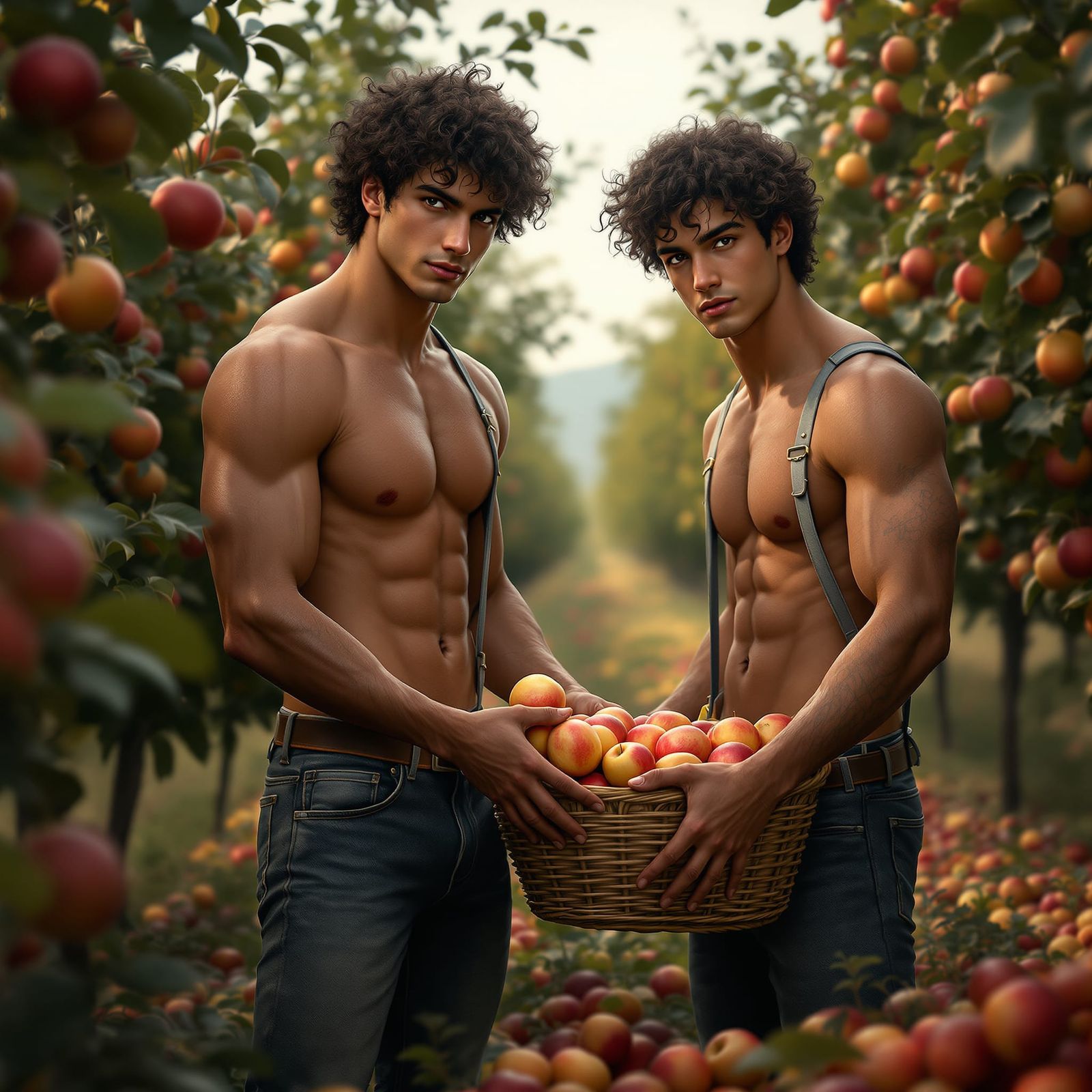 Italian Twins Gather Apples in Dark Fantasy Orchard