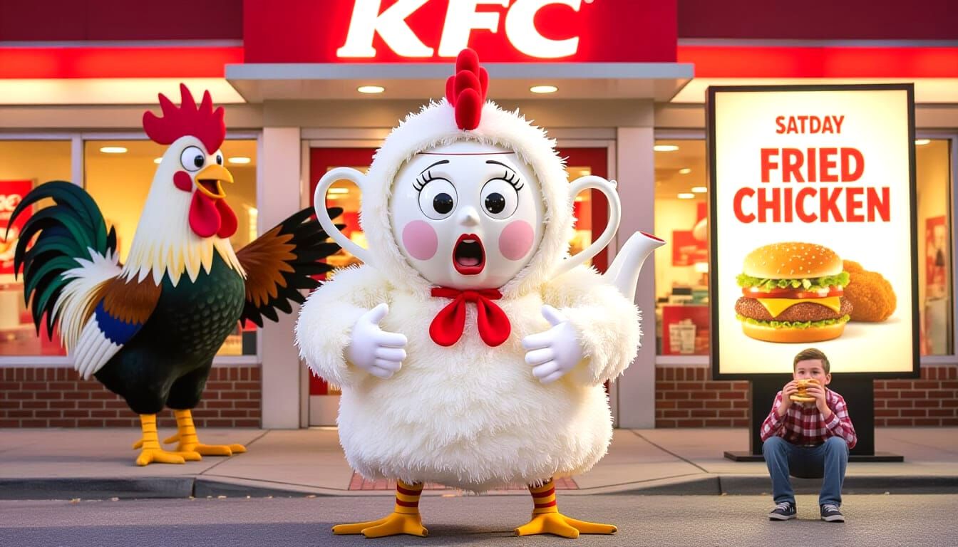 Terrified Teapot in Chicken Costume at KFC