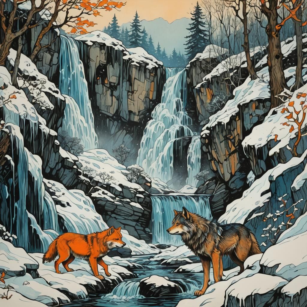 Winter Wolf Waterfall Illustration in Colored Ink