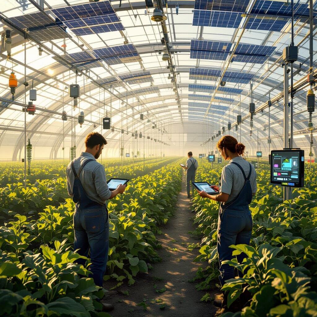 Futuristic Greenhouse with Solar Panels and Lush Crops