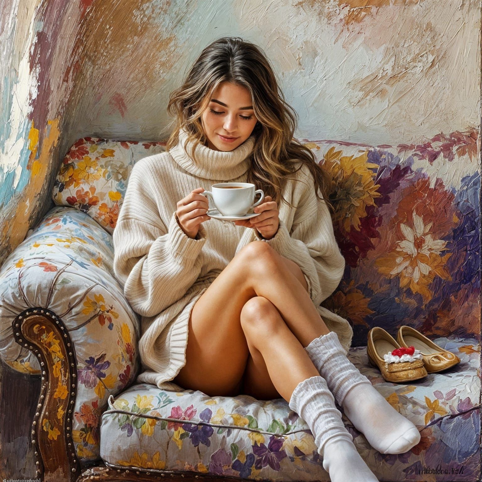 Woman Enjoying Tea and Cake in Cozy Corner, Impressionistic ...