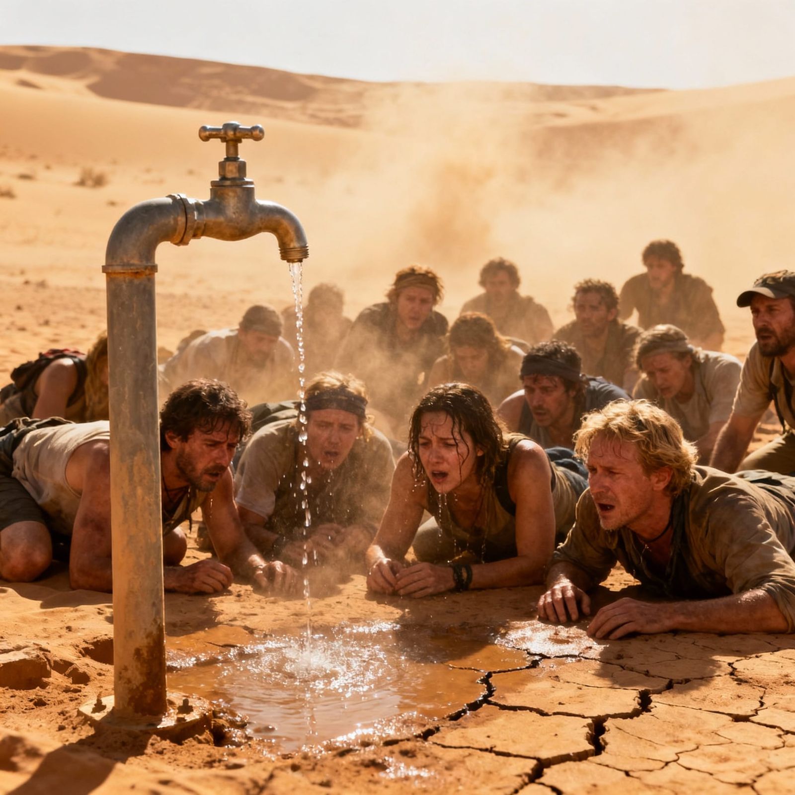 Thirsty Tourists Gather at Sahara Dripping Faucet
