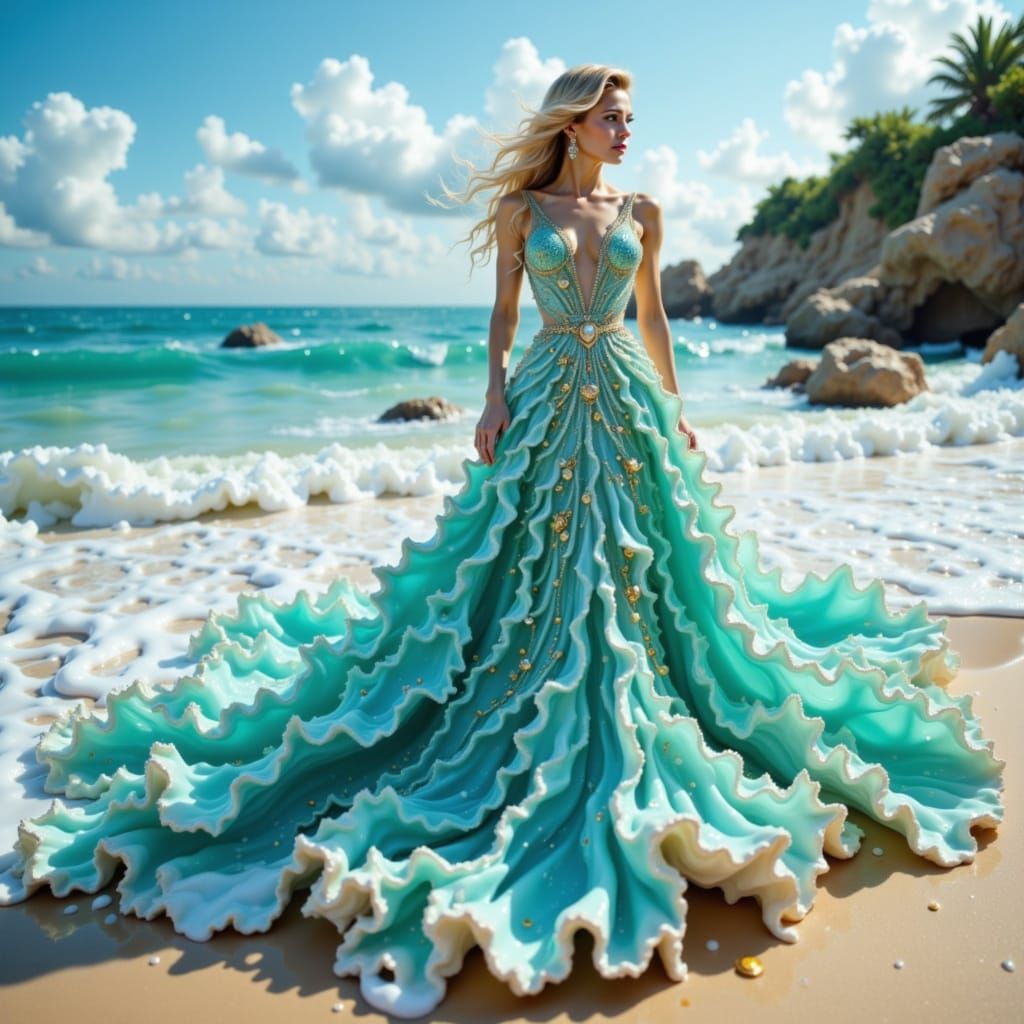 Woman in Epic Ocean Haute Couture Dress on Beach