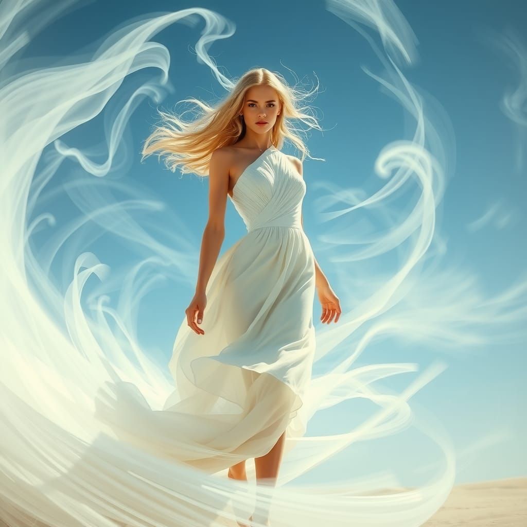 a gorgeous blond mistress of the wind dressed