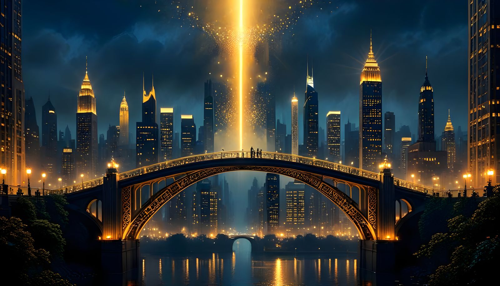 Atmospheric Art Deco Cityscape Under Gustav Klimt-Inspired F...