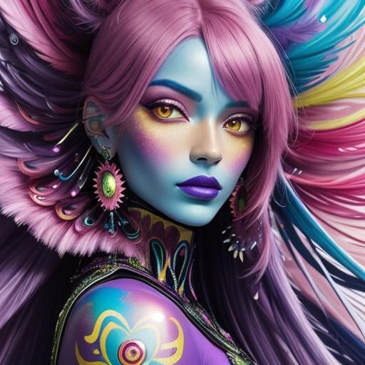 Futuristic Portrait of Woman with Peacock Feather Hair