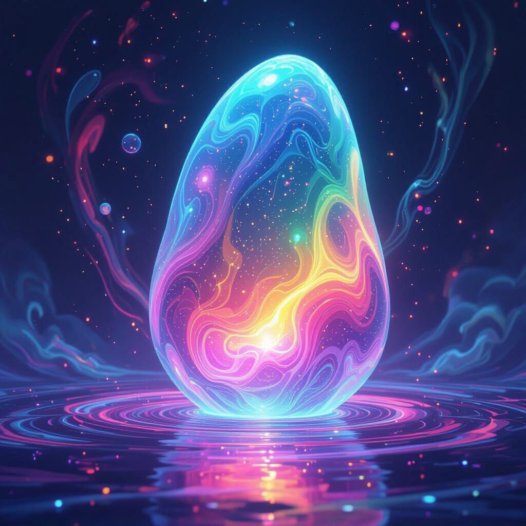 Iridescent Object Surrounded by Swirls in Dreamlike Style