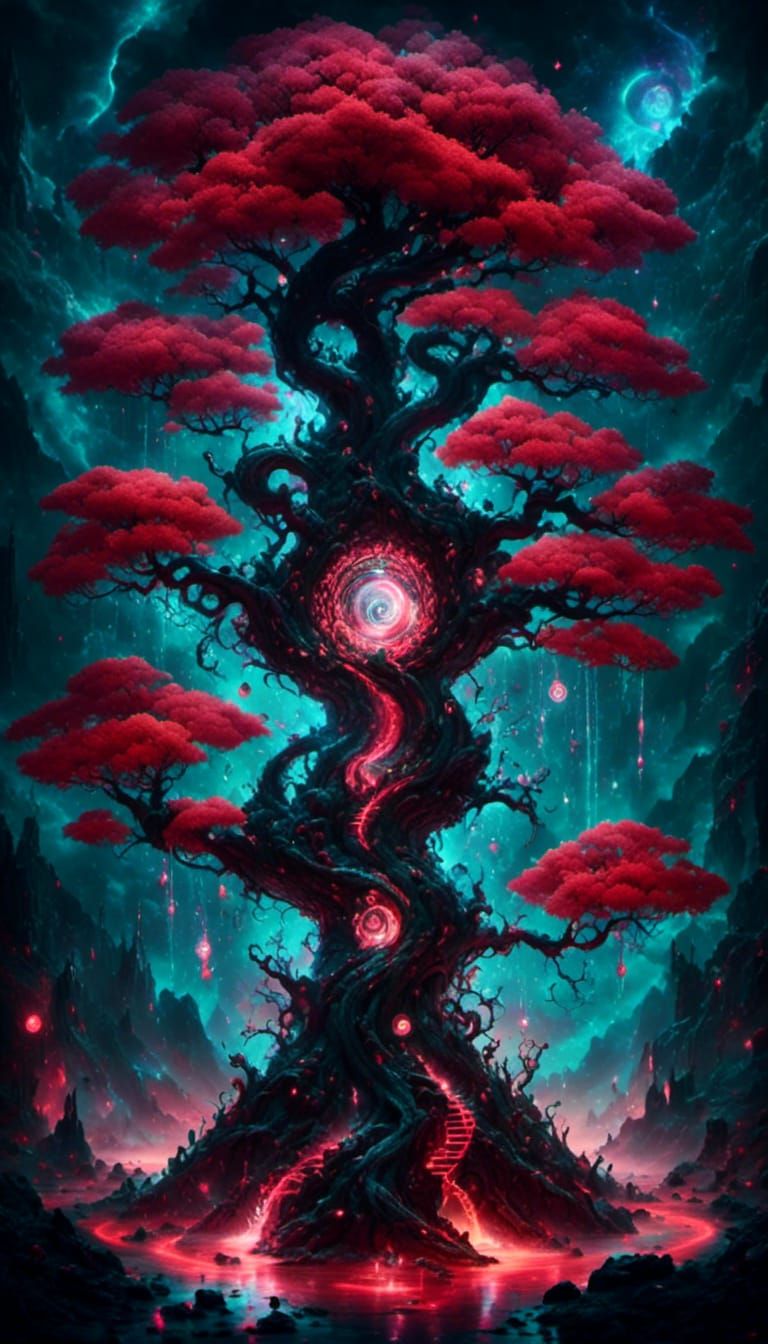 Red and Black Cosmic Tree with Magic Vortexes