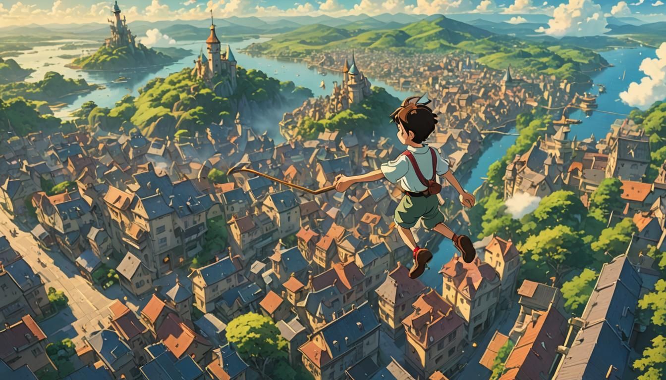 Pinocchio Sky Adventure in Ghibli Anime Style