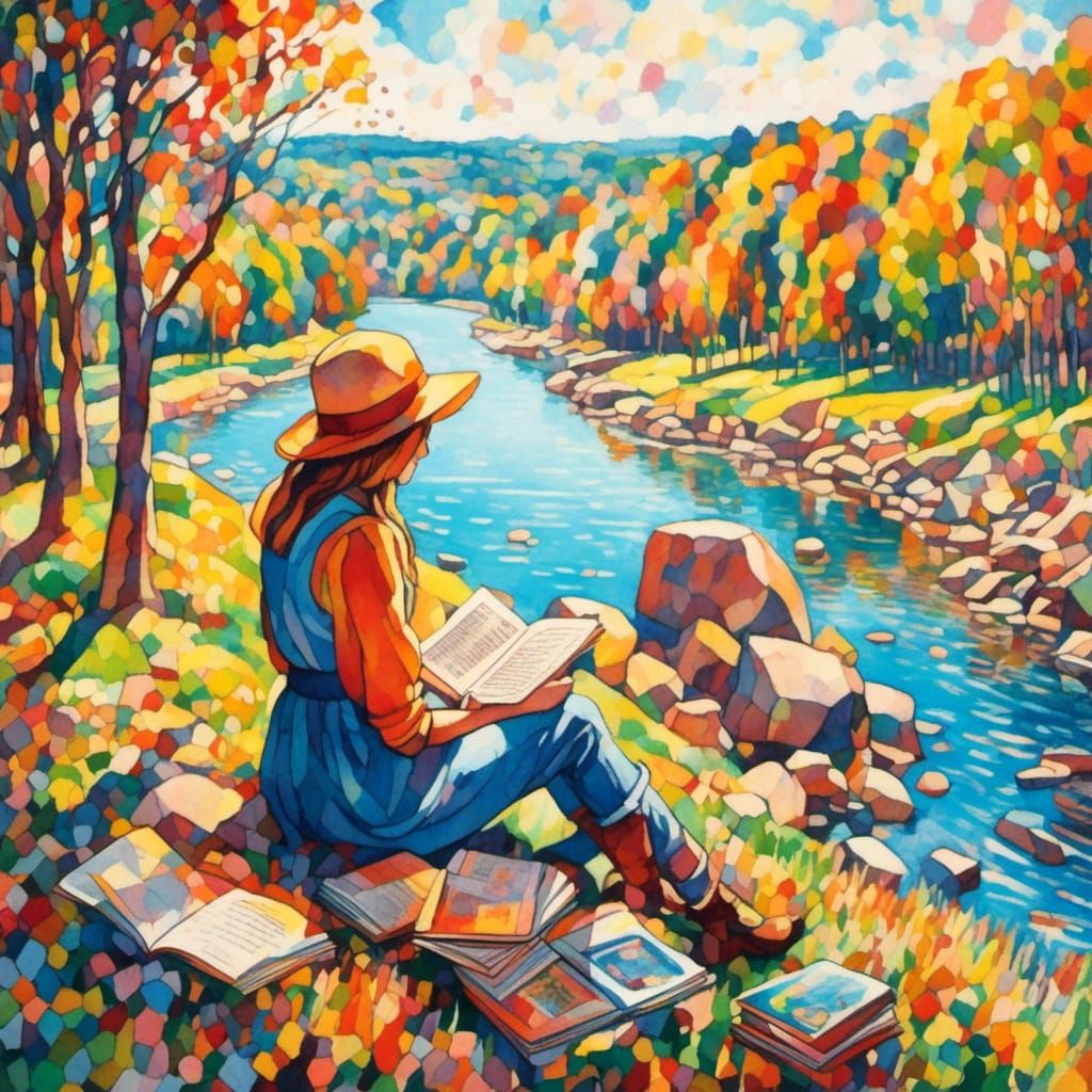Girl Reads by River in Dadaism Style
