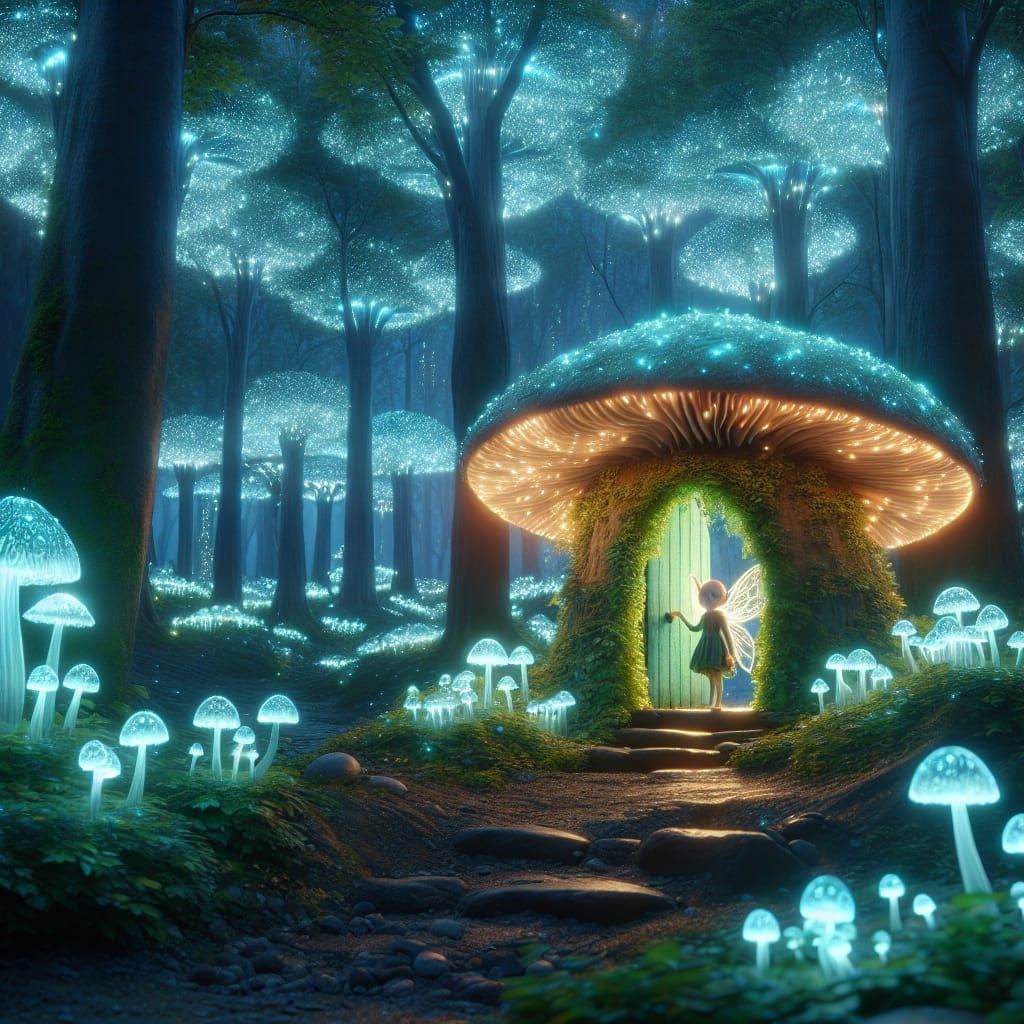 Enchanting Bioluminescent Forest with Fairy House