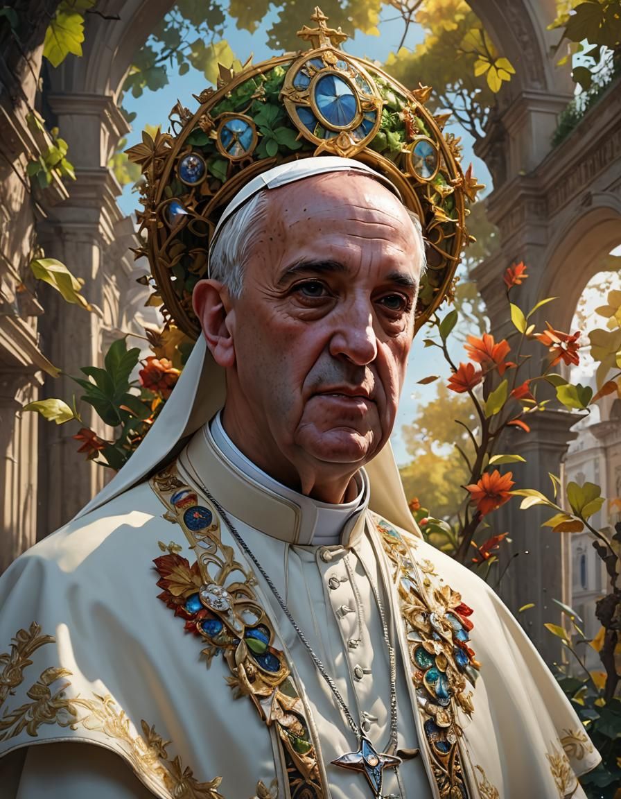 Pope Francis Portrait in Vatican Garden, Digital Art