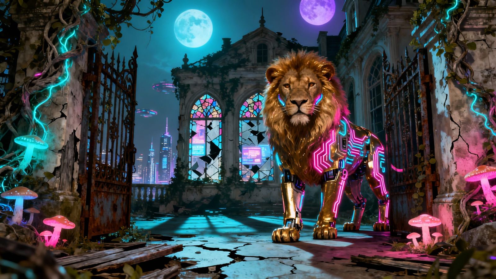 Cybernetic Lion Guards Victorian Chateau Under Twin Moons