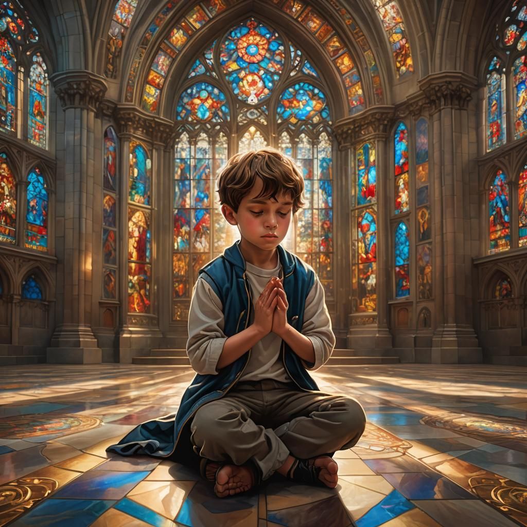 Boy Praying in Cathedral: Digital Art Masterpiece