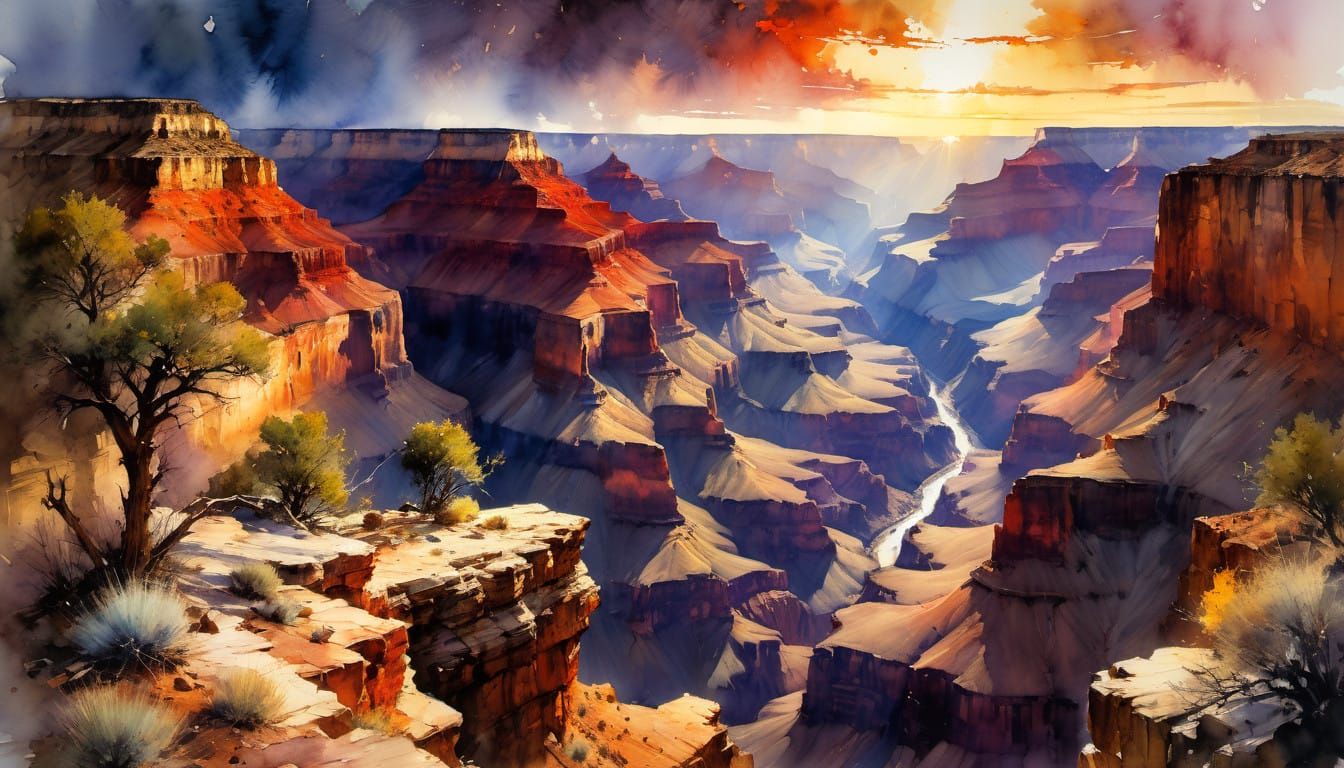 Watercolor Grand Canyon Sunset with Dramatic Light