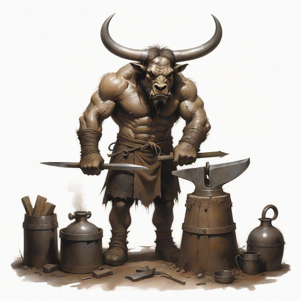 Minotaur Blacksmith Forging Metal in Gammell Style