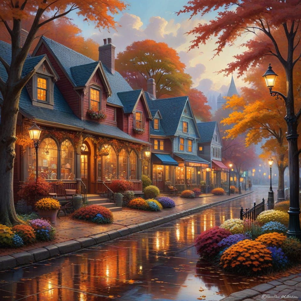 Autumn Village at Sunset, New England Bookstore