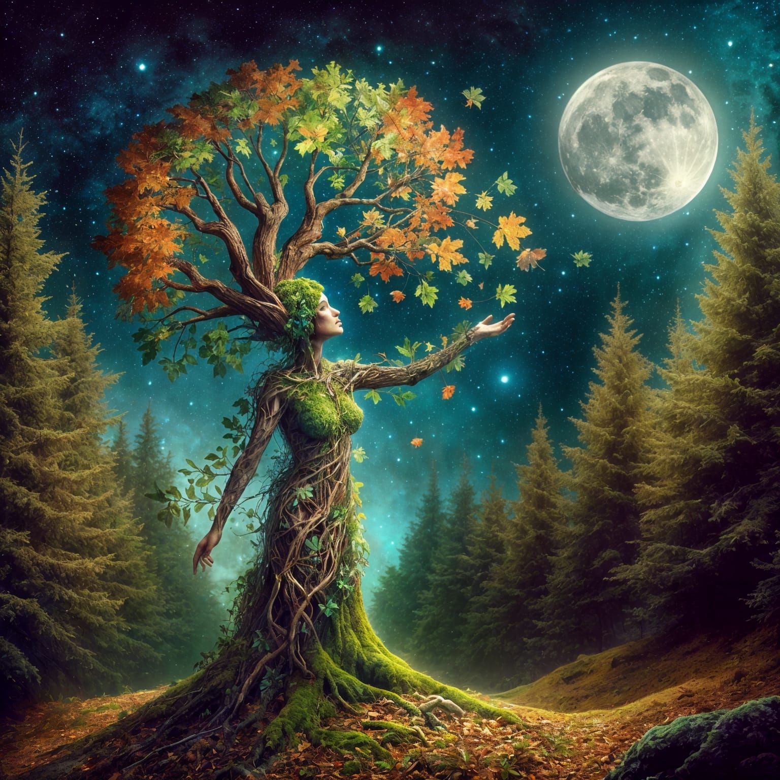 Woman Transforms to Tree in Astral Forest