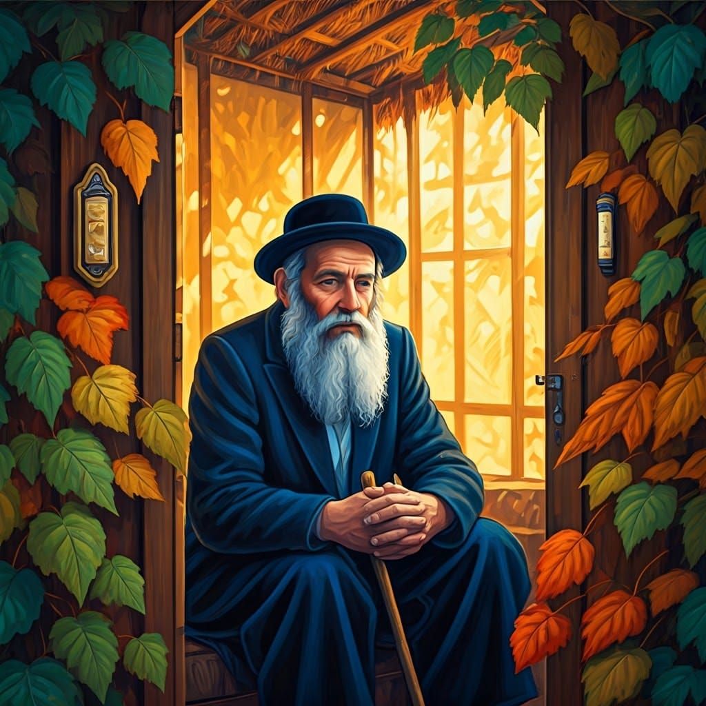 Jewish Man in Sukkah, Dreamlike Folk-Art Scene