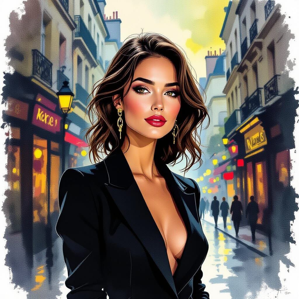 Elegant Brunette in City, French Comic Art Style