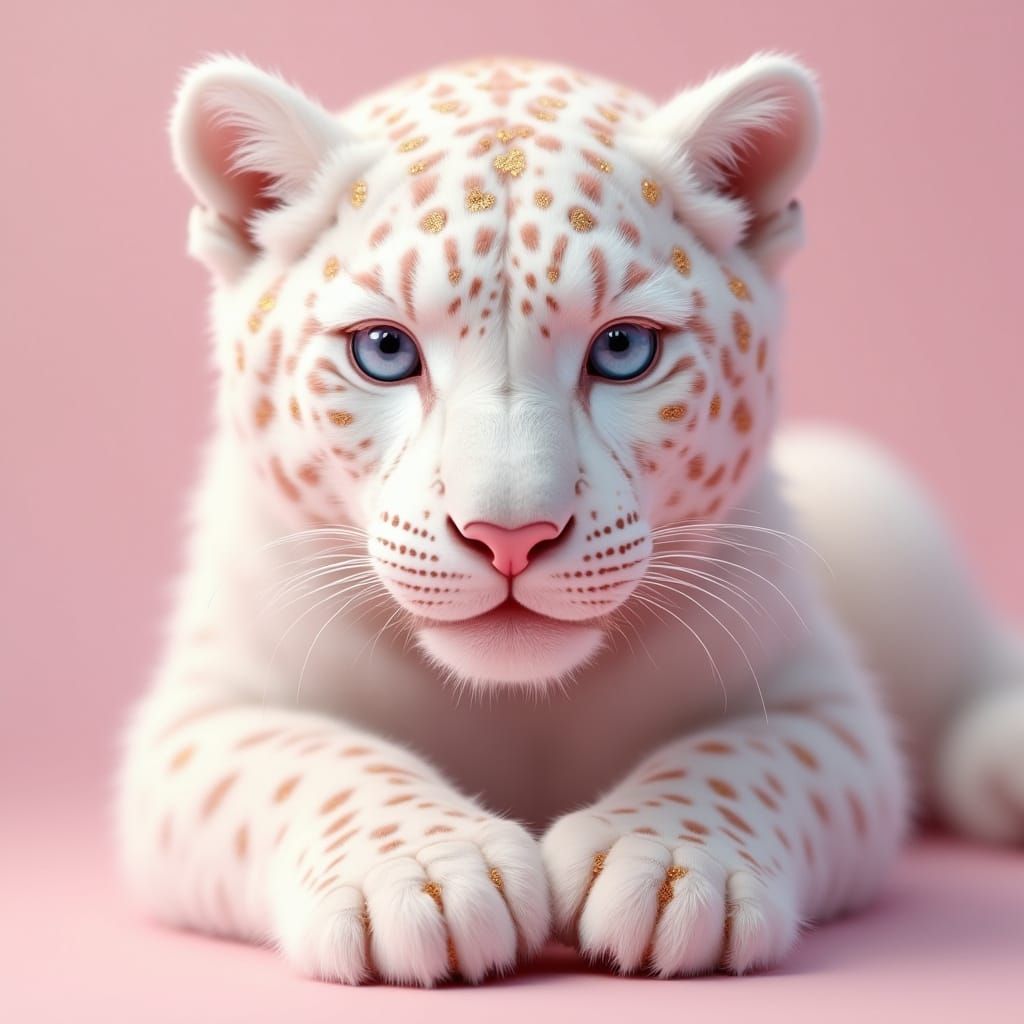 Hyper-Realistic White Leopard in Soft Pink Hues and Glitteri...