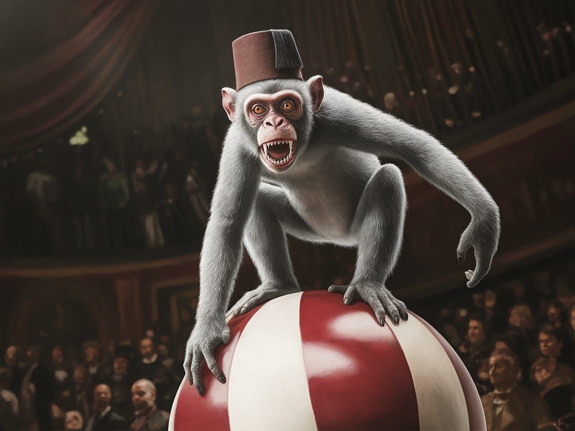 Dark Circus Monkey Dances on a Giant Ball in a Haunting Caba...