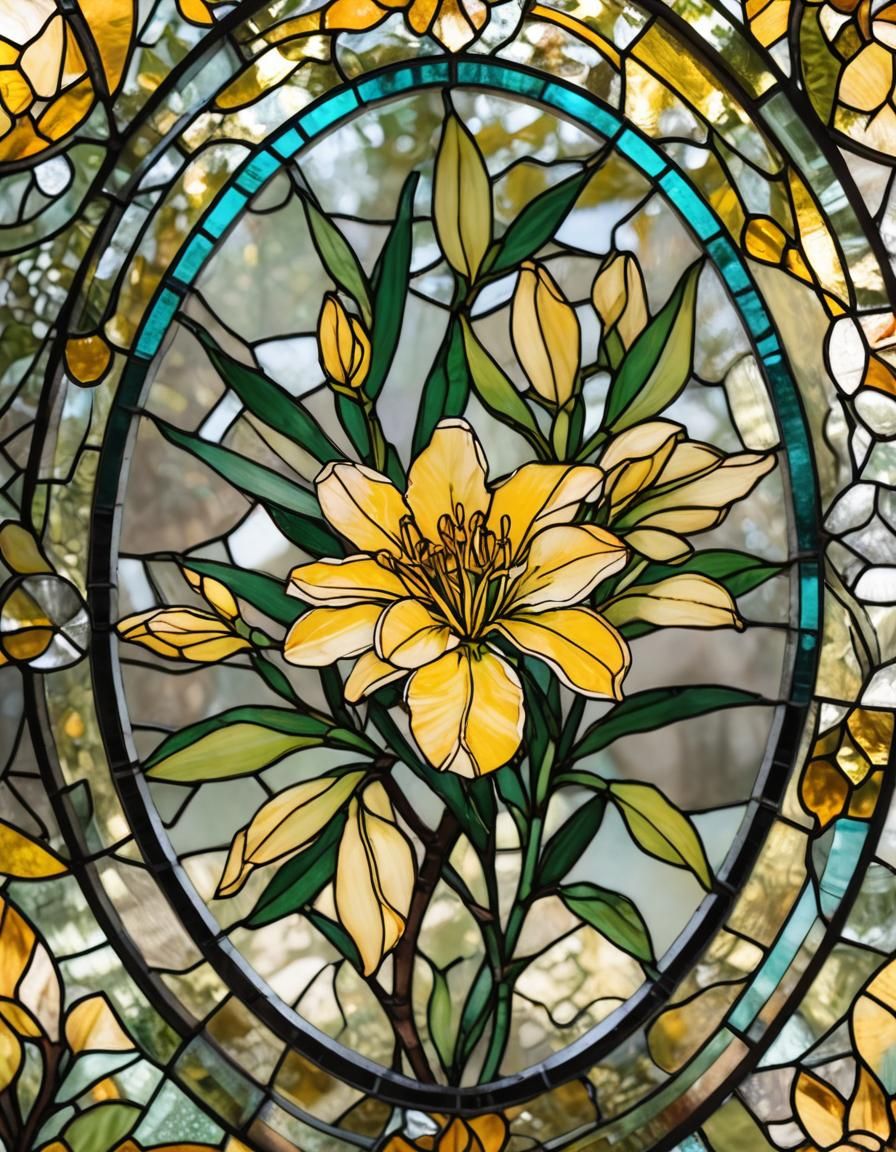 Vibrant Oleander Flower in Stained Glass Oval