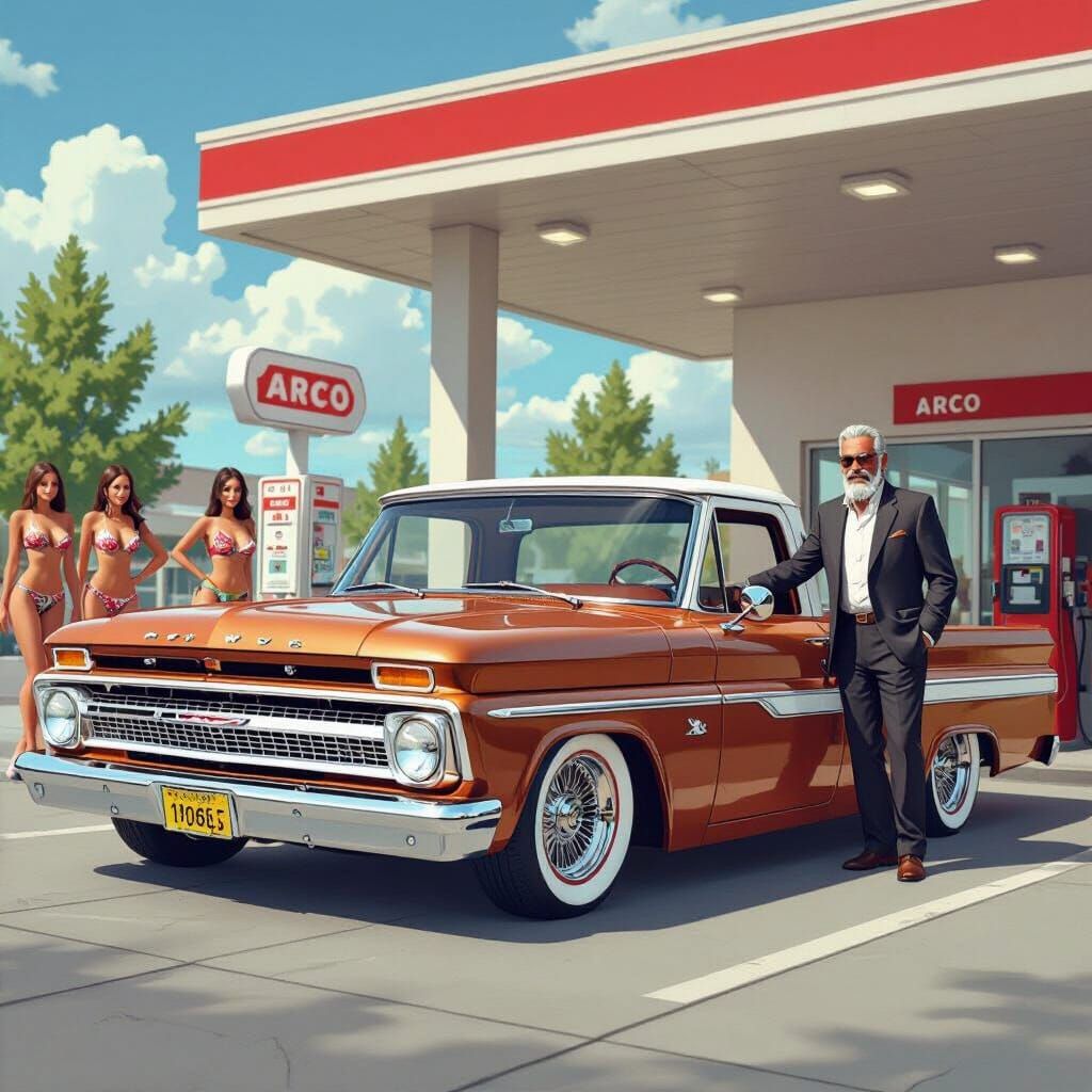 1965 Chevy Low Rider at Gas Station in Anime Style