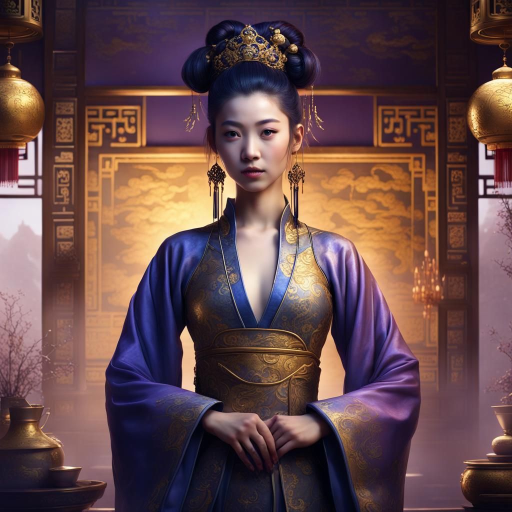 Chinese Princess in Gold Room, Detailed Matte Painting