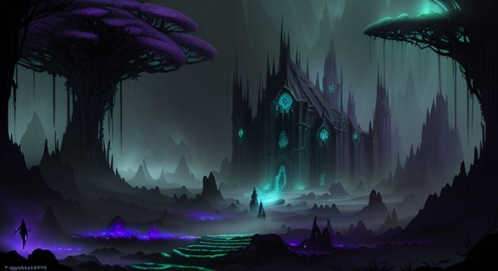 Dark Fantasy Drow City with Adventurers and Monster