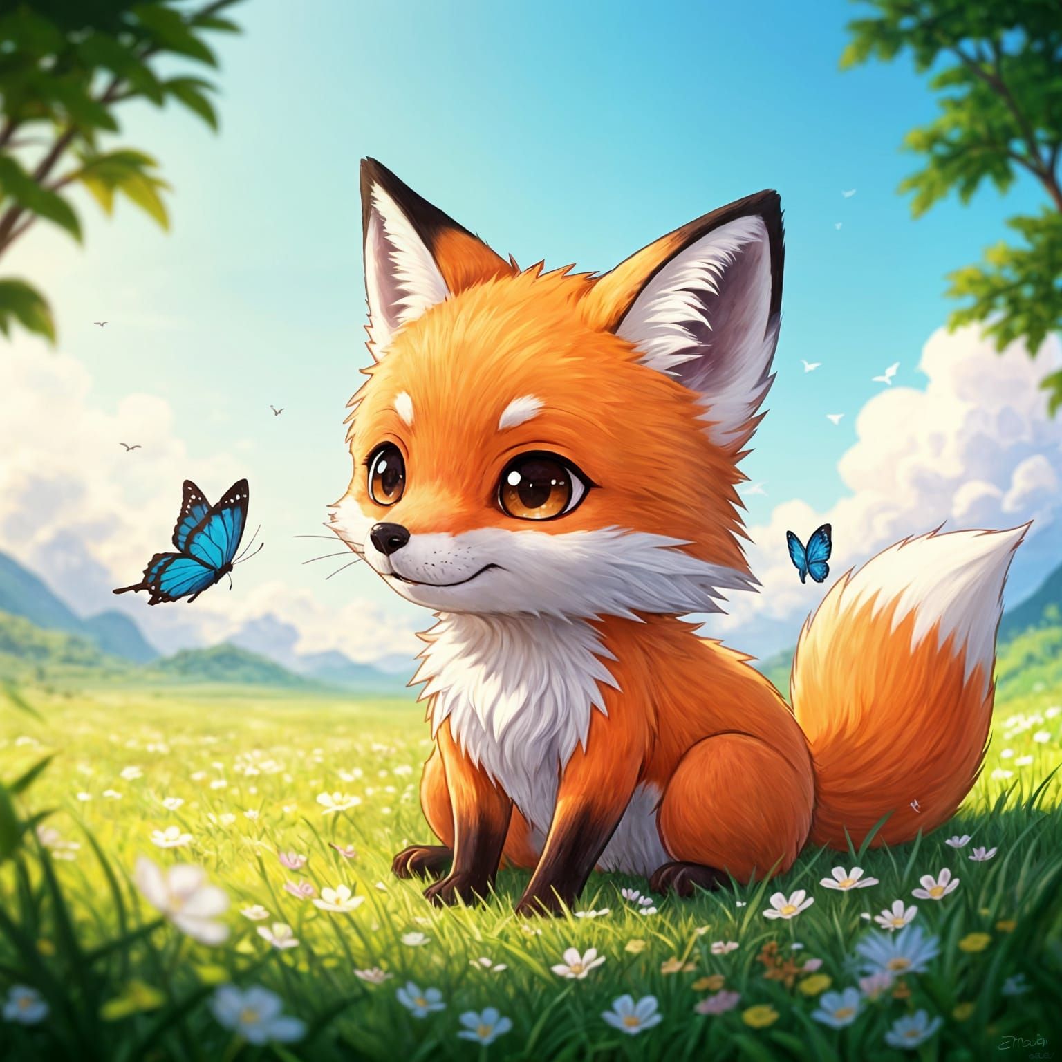 Chibi Fox Plays in Meadow: Anime-Style Art