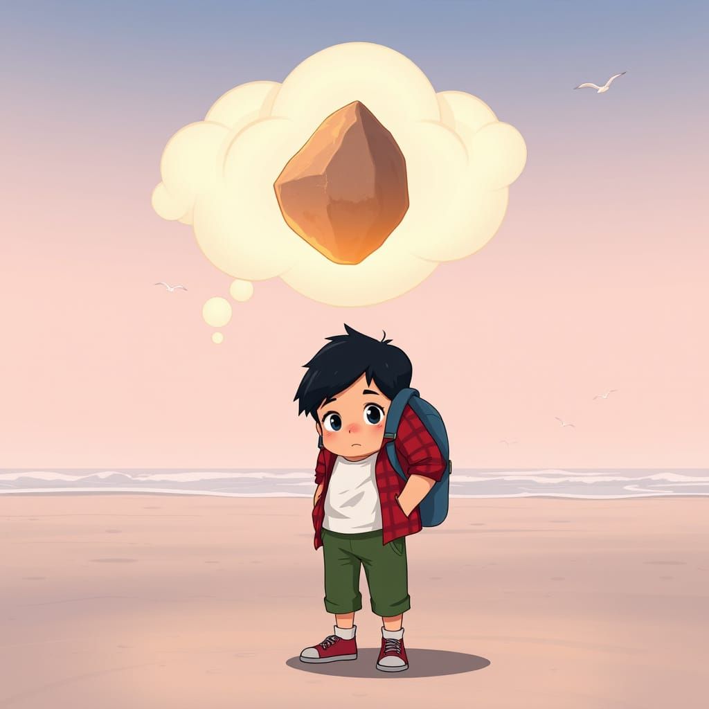 Lonely Boy's Treasure: A Serene Beach Scene in Classic Carto...