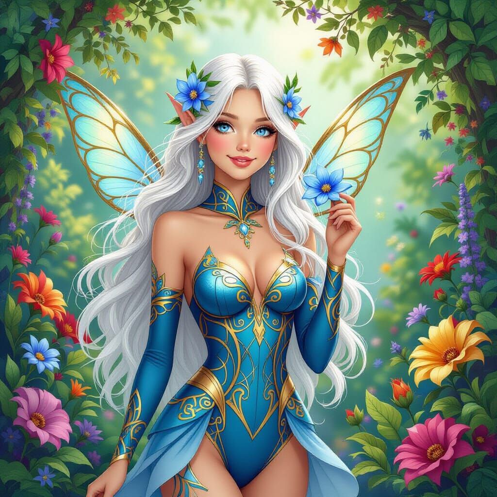 Fairy with Blue Eyes in Lush Whimsical Garden