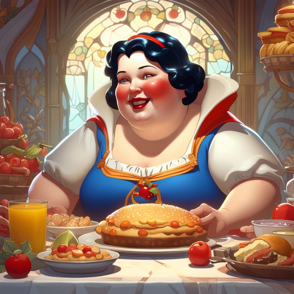 Obese Snow White's Hyperdetailed Breakfast, Art Nouveau Styl...