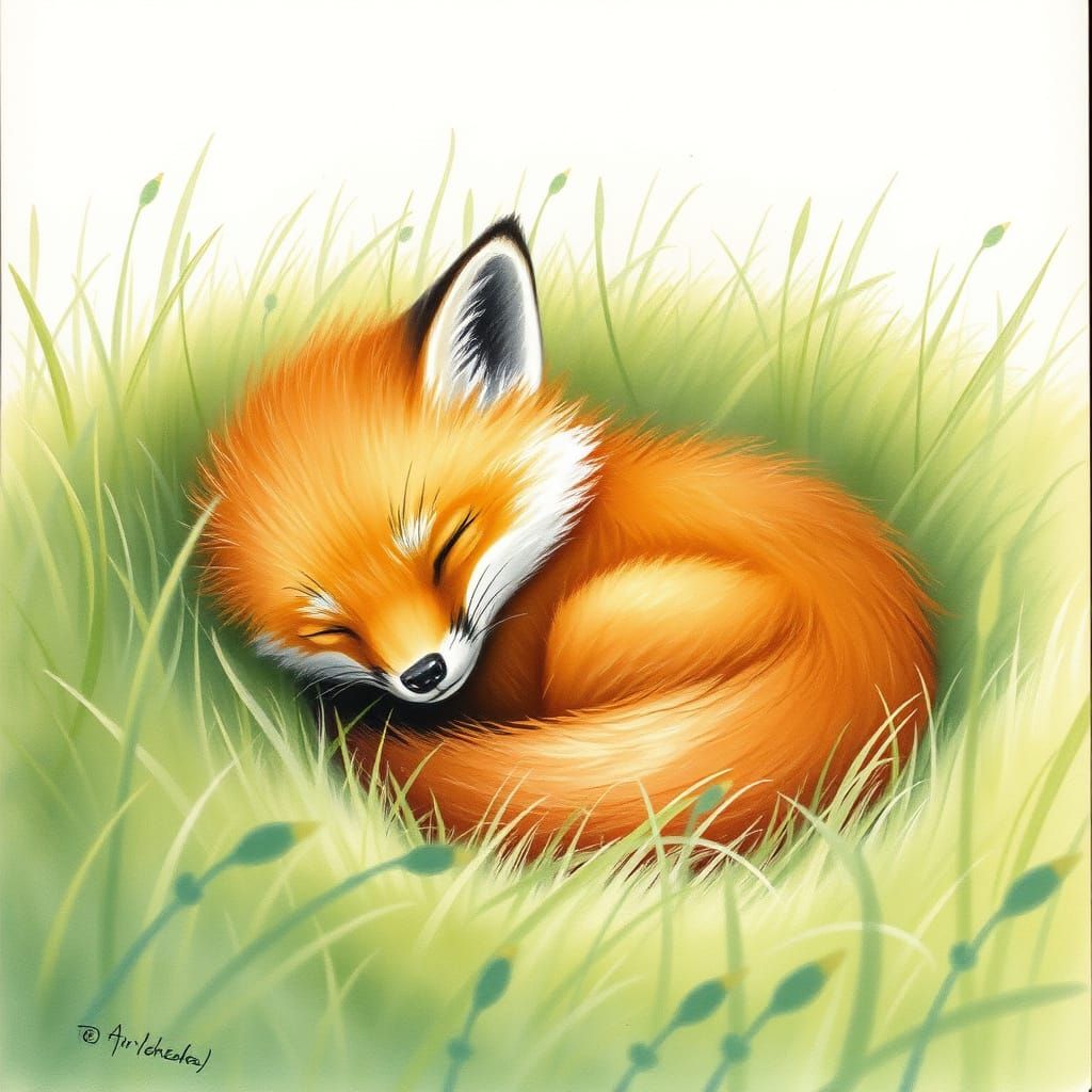 Surreal Landscape of a Baby Fox in a Hill of Emerald Green G...