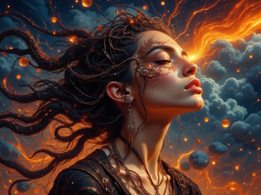 Woman Gazes at Fiery Sky in Hyper-Realistic Style