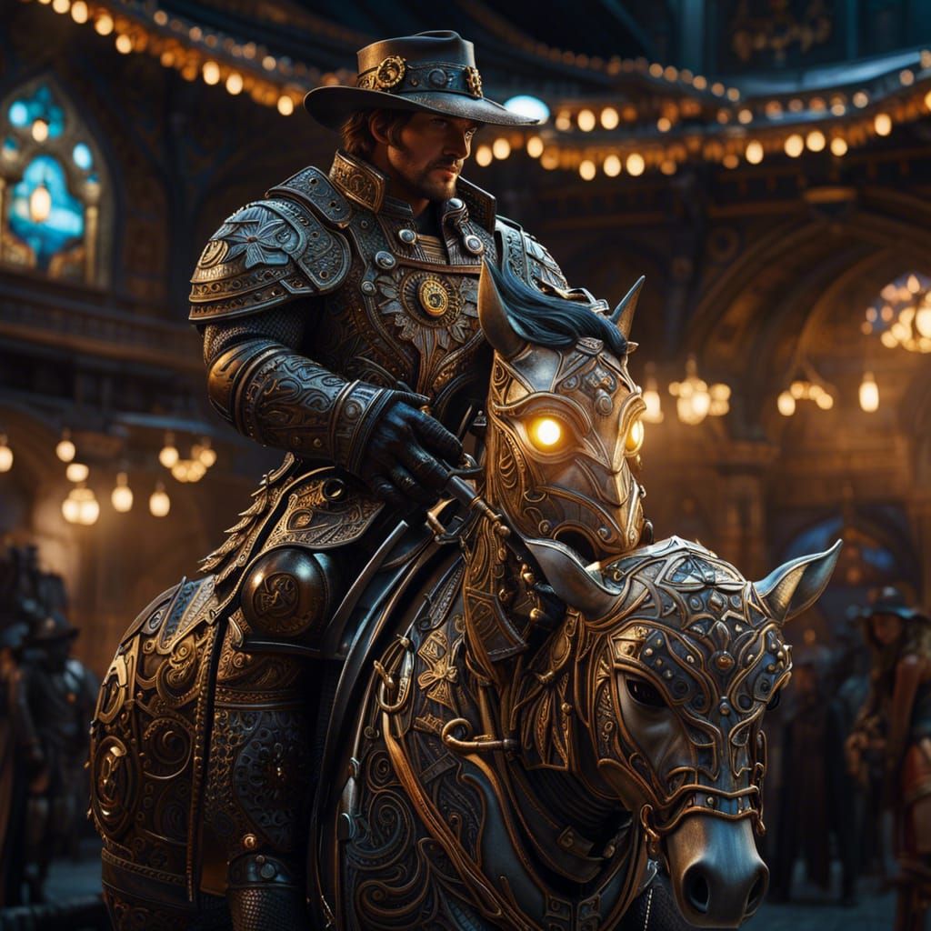 Steampunk Cowboy Rides a Mechanical Horse-Cow