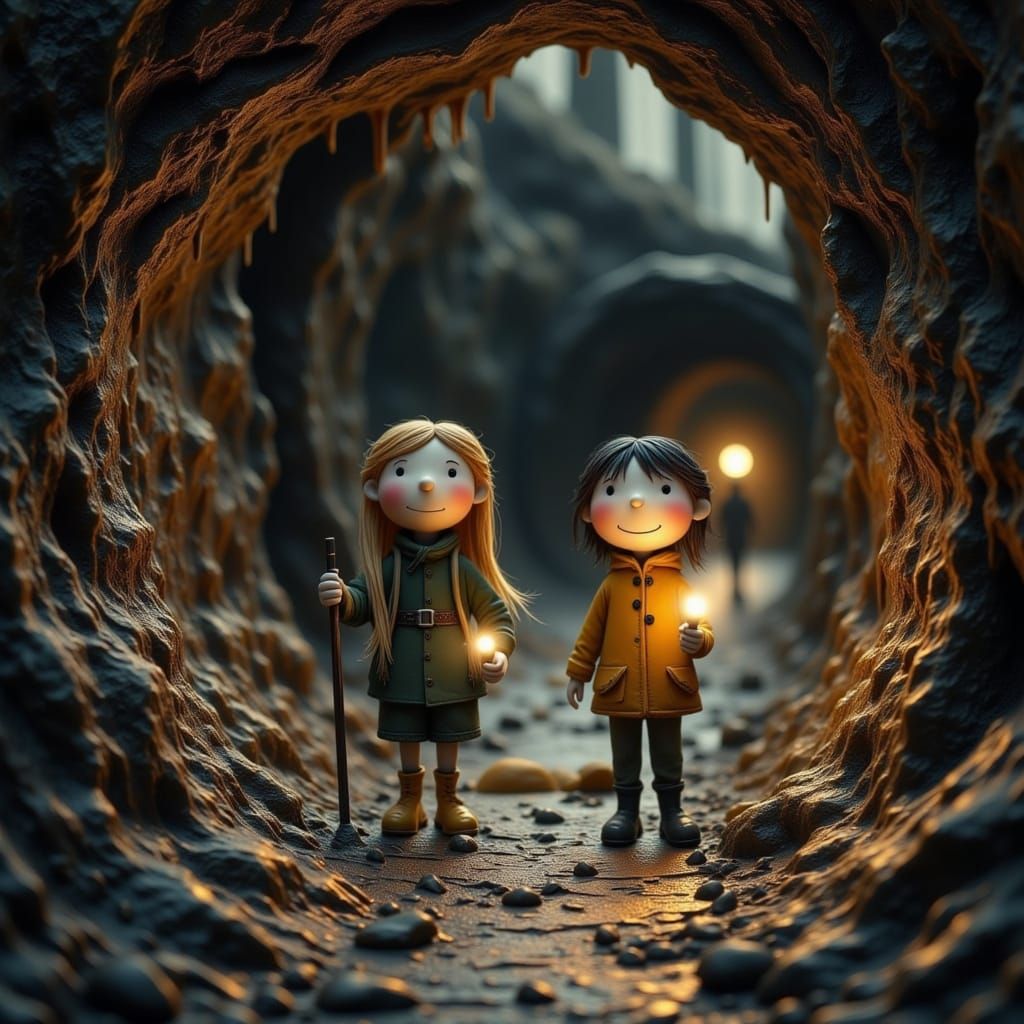 Whimsical Cave Explorers in Dark Tunnel