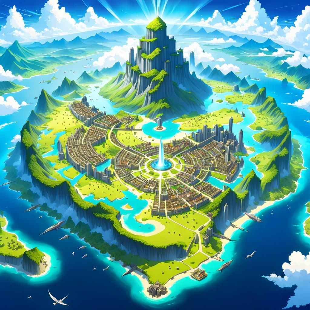 Anime-Style Fantasy World Map with Island and Birds