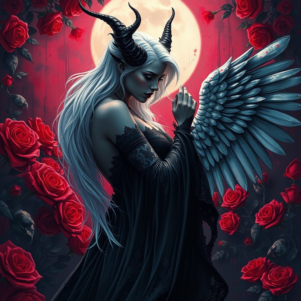 Moonlit Demon and Angel in Vibrant Graffiti Garden