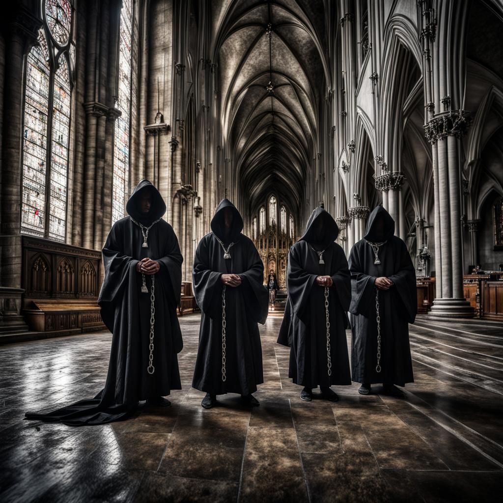 Gothic Cathedral Scene with Monks in Black Robes