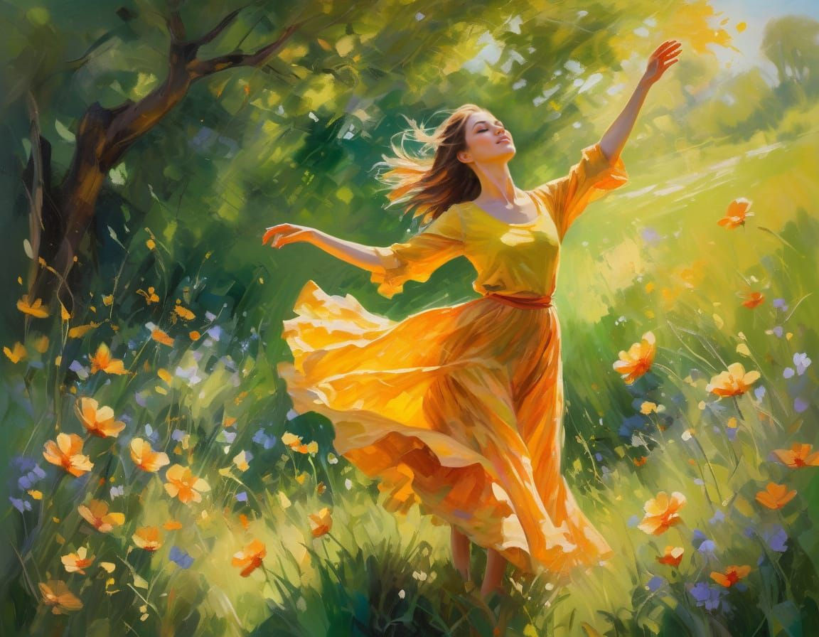 Dancer Radiates Joy in Vibrant Sunlit Scene