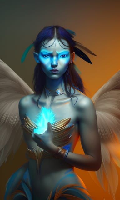 Girl with avatar face, blue skin, dress of feathers, wings l...